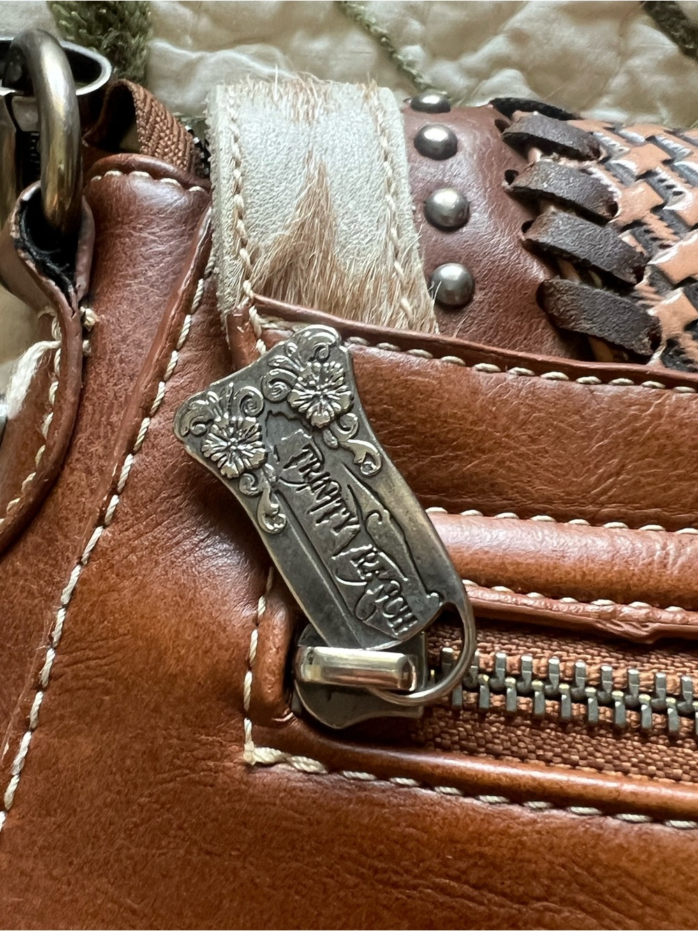 Trinity Ranch Brown Cowhide Lining Leather Studded Crossbody Bag Western - Picture 5 of 15